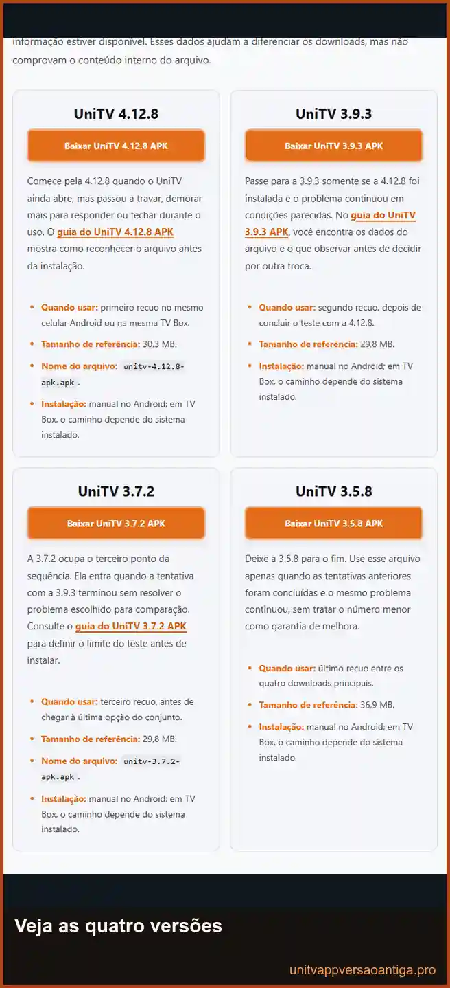 UniTV APK versão antiga: download para Android e TV Box 1 Área com os downloads das versões antigas do UniTV APK